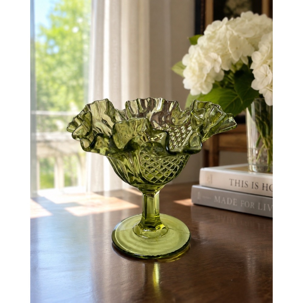 VTG Fenton Colonial Green Thumbprint Compote Ruffled Crimped Pedestal‎ MCM Glass
